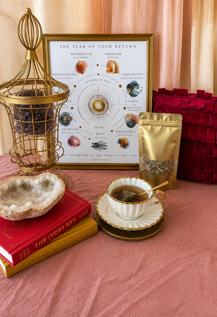 The Year of Your Return ritual altar — the framed chart, amethyst in a gold cage, books, a cup of tea, and the gold blend pouch