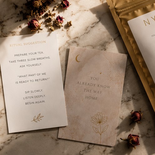 Two channeled ritual cards on marble with scattered dried rose buds